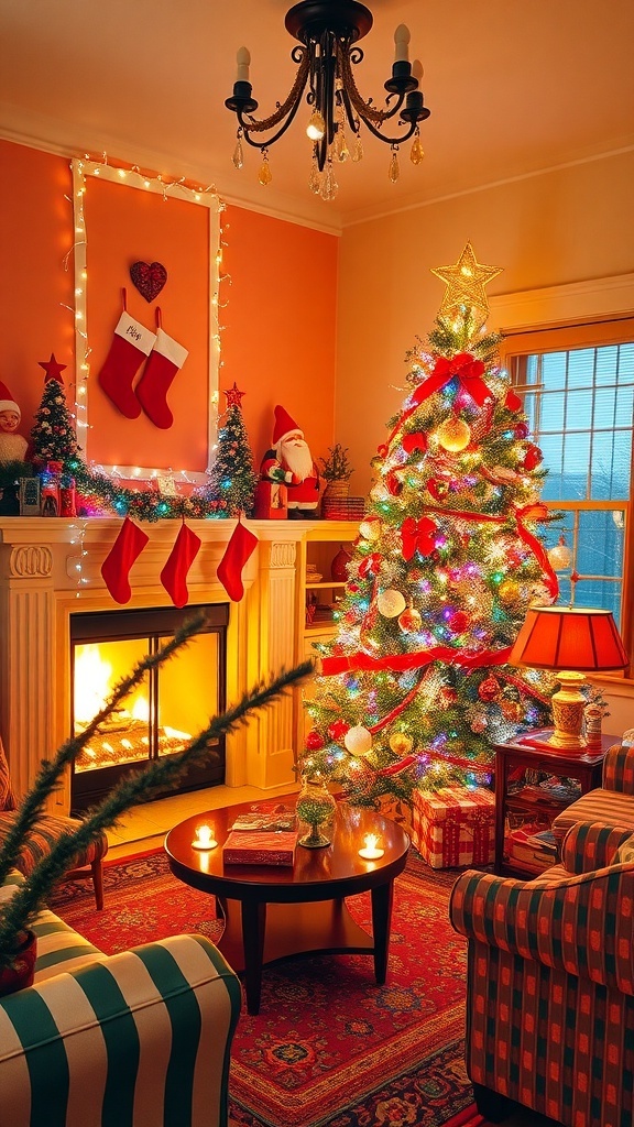 A vintage 1960s Christmas living room with a decorated tree, Santa figurines, and colorful lights.